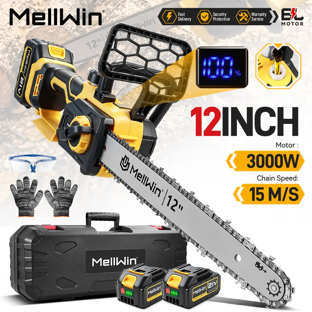 MELLWIN Electric Chain Saw 12 Inch Brushless High Speed Portable Chainsaw Wood Cutting Logging Saw Tool for Makita 18V Battery Pin