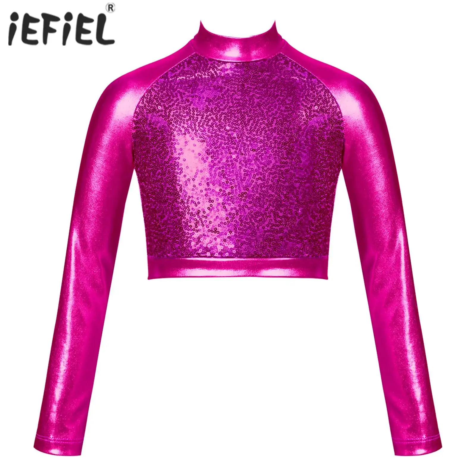 Kids Girls Shiny Metallic Hip Hop Dance Crop Top Sequins Long Sleeve T-Shirt Jazz Latin Ballet Modern Dancing Stage Performance