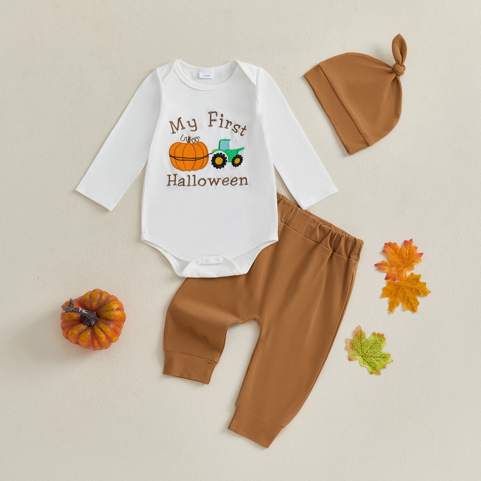 

VISgogo Baby Halloween 3Pcs Clothes Sets Long Sleeve Letter Pumpkin Embroidery Romper Solid Color Pants Hat