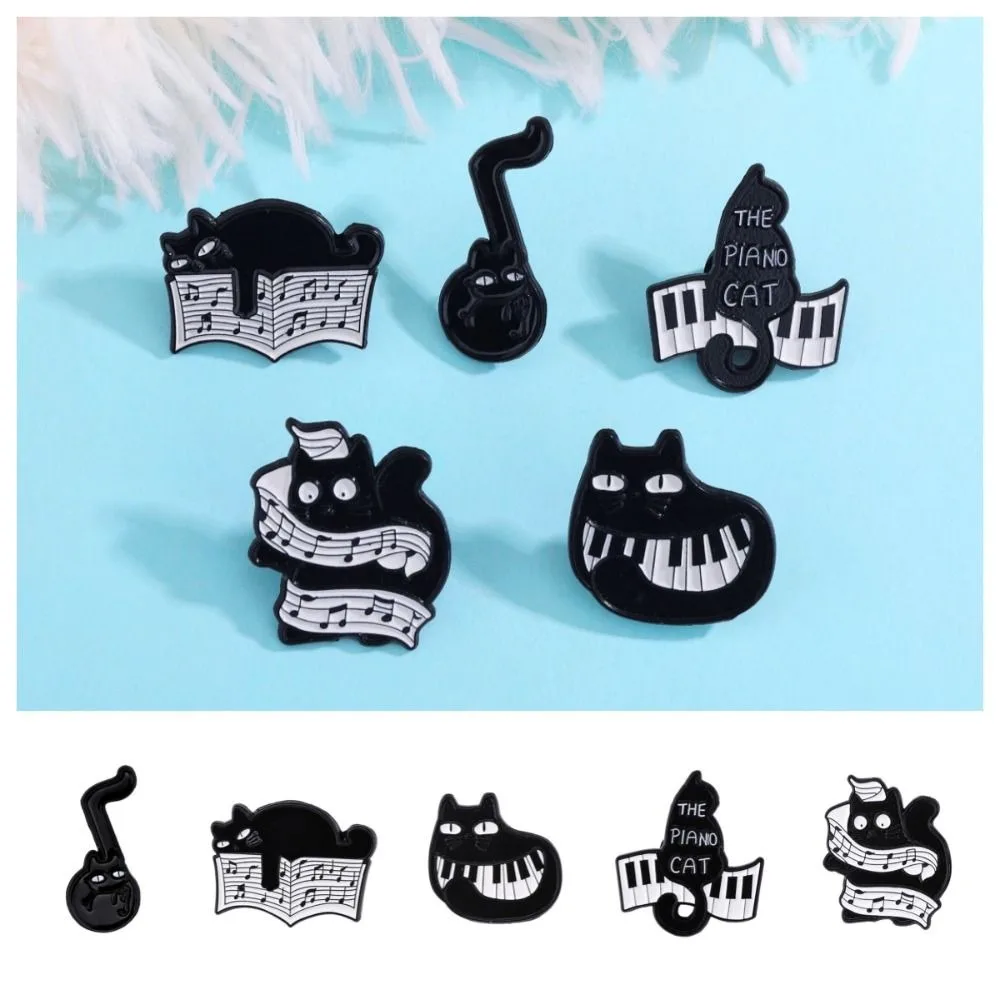 Cute Cartoon Black Cat Enamel Pin Purring Kitten Breastpin Piano Cat Badge Music Score Music Instrument Beating Note Brooch Gift