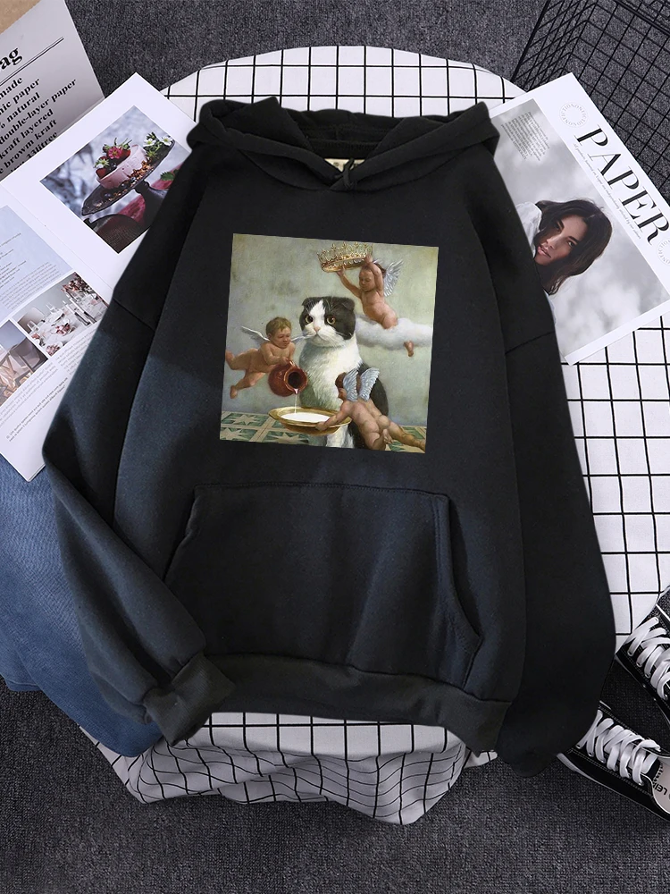 Hoodie Little Angel And Cat Printing Sweatshirt Woman With Hood Aesthetic Korean Couple Clothes Warm Harajuku Women'S Hoodies