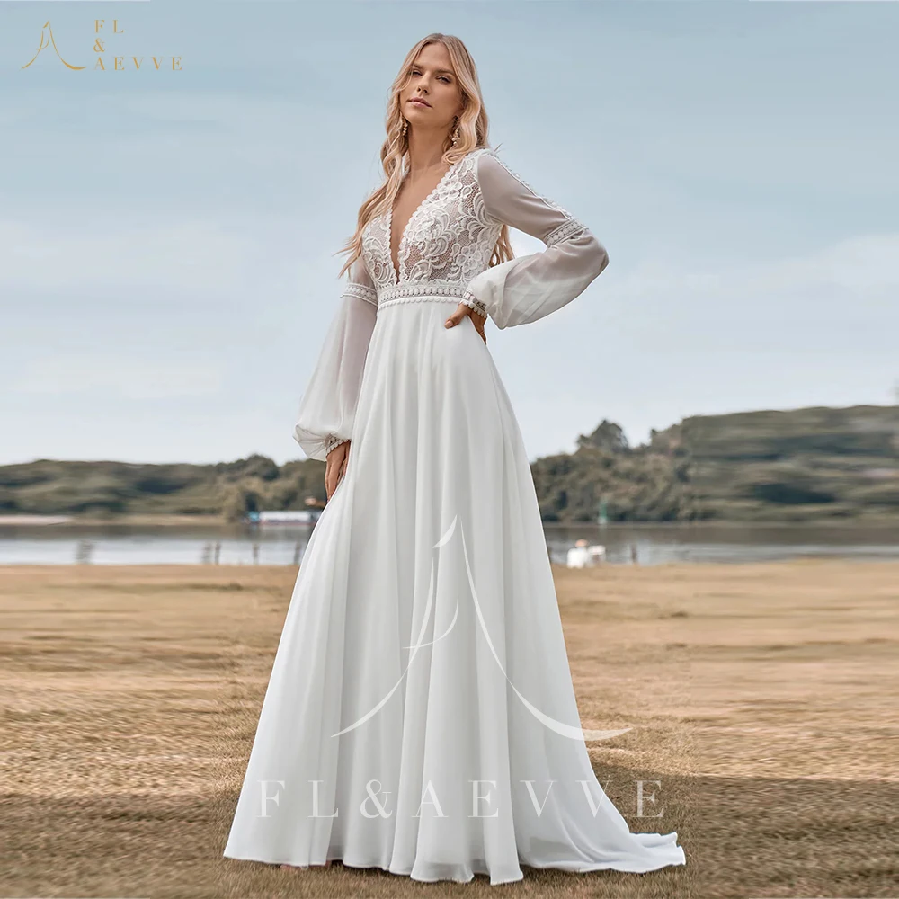 BoHo maniche lunghe avorio A Line abito da sposa con abiti da sposa in pizzo per le donne abito da festa di nozze con scollo A v vestidos de novia