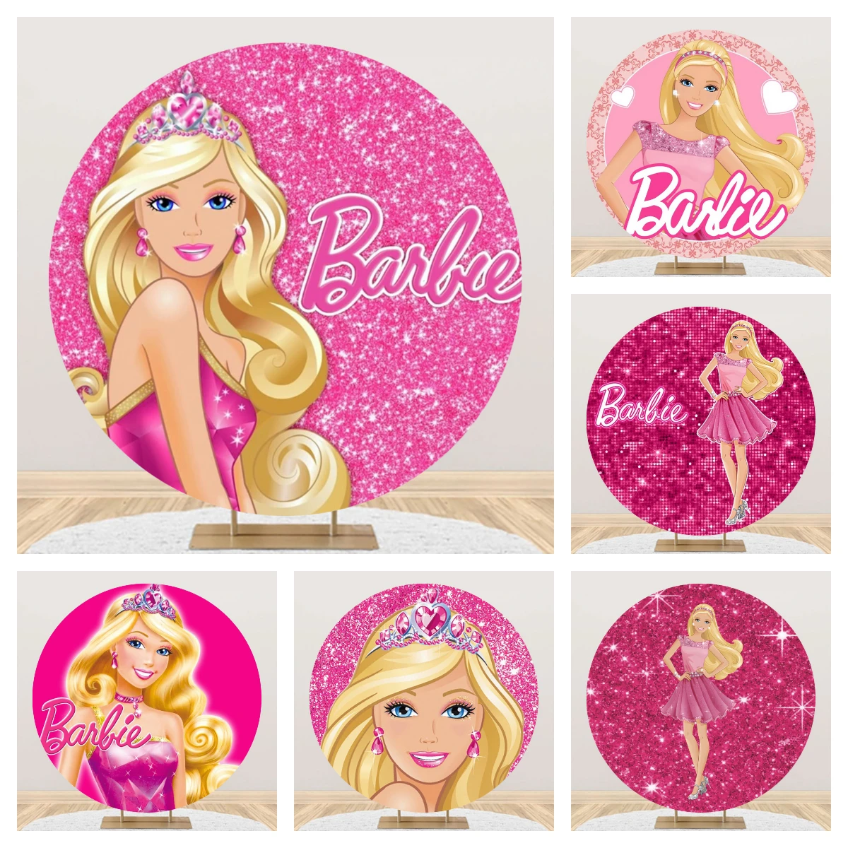 

Princess Barbie Birthday Party Decorations Props Backdrop Background For Photography Baby Shower Girl Elastic Round Photozone