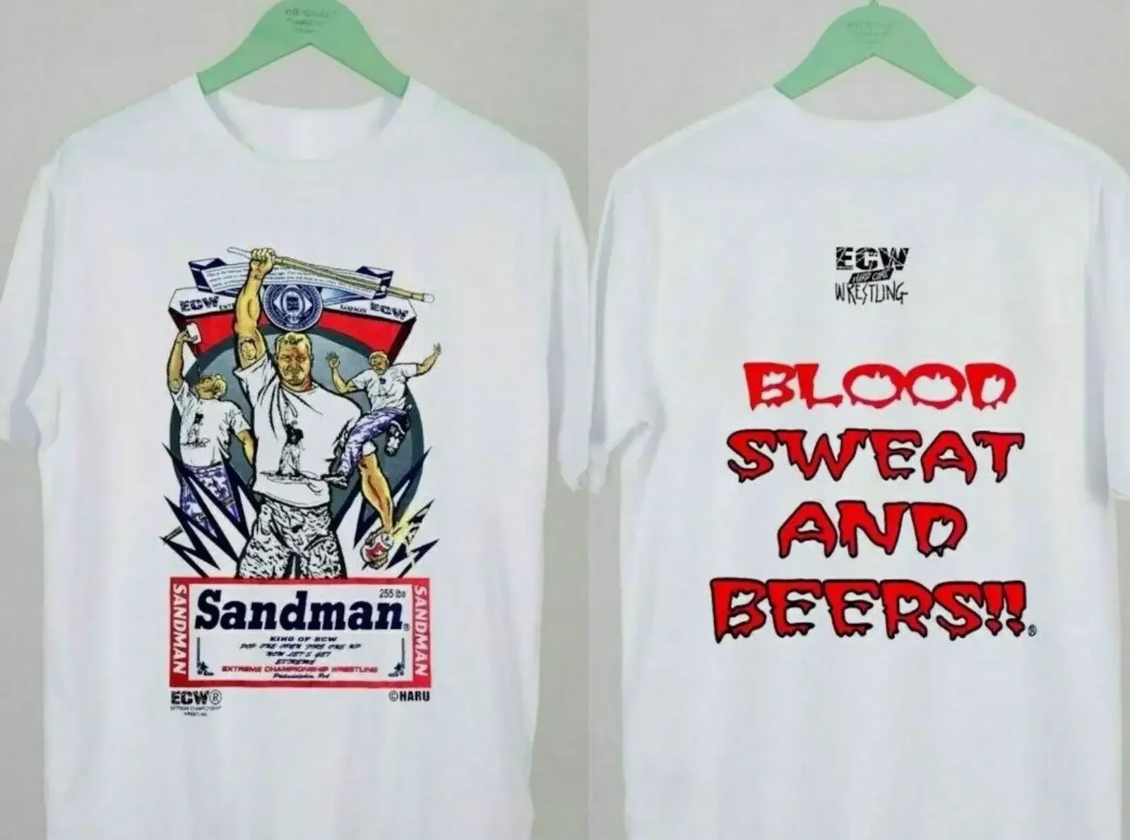 Sandman Blood Sweat Beers Shirt, Ecw Mens T-Shirt Double Sided Cotton For Fans