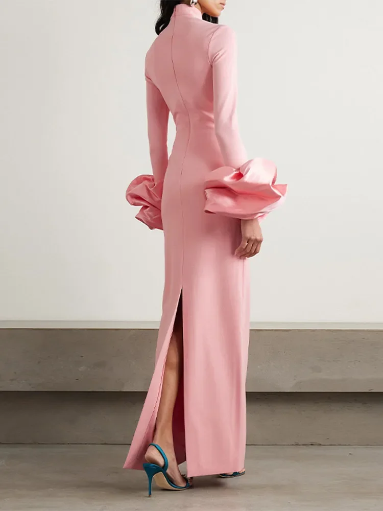 الحلو الوردي نحيل فساتين ماكسي النساء 3D الزهور طويلة الأكمام نصف الياقة العالية عالية الخصر سبليت رداء جديد حزب ثوب مسائي #5