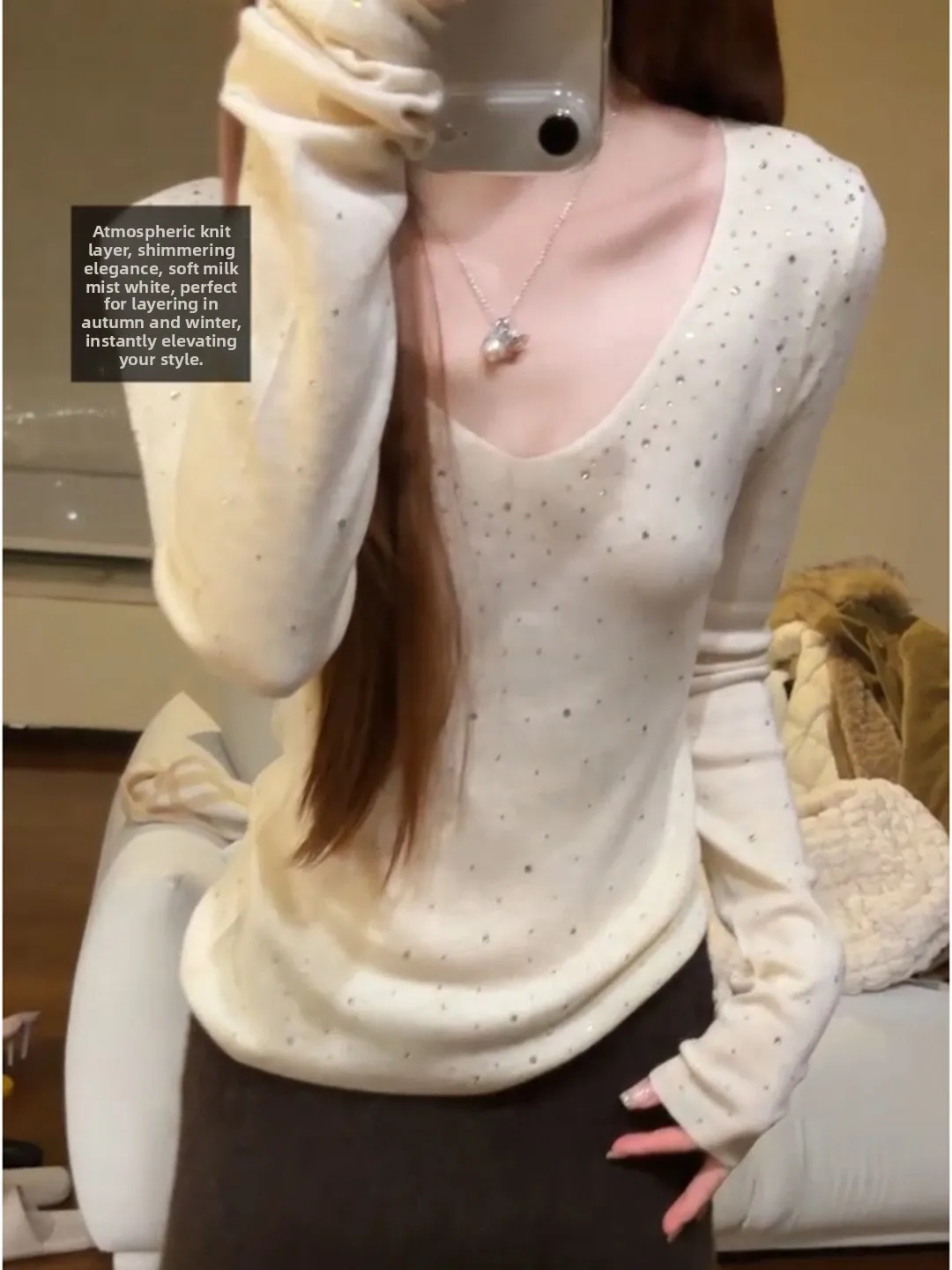 

Korean Style V-Neck Knitwear Women's Loose Fit Slimming Top with Rhinestones Autumn Winter Fashion Casual Slimming Shirt