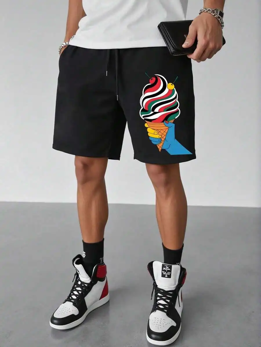 

Mens Casual Print Shorts With Ice Cream Graphic, Mid-Length Sportswear, Polyester Knit