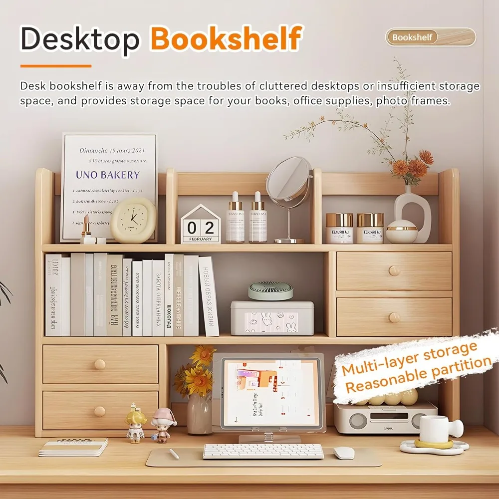 حقيبة مكتب، منظم رف سطح المكتب الخشبي مع حجرة ودرج لغرفة النوم الجامعية، رف كتب علوي للمكتب للتخزين #3