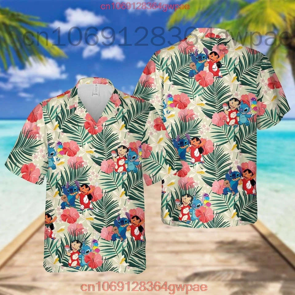 Masculino e feminino disney stitch camisas havaianas, manga curta, casual para praia, moda festa, moda verão