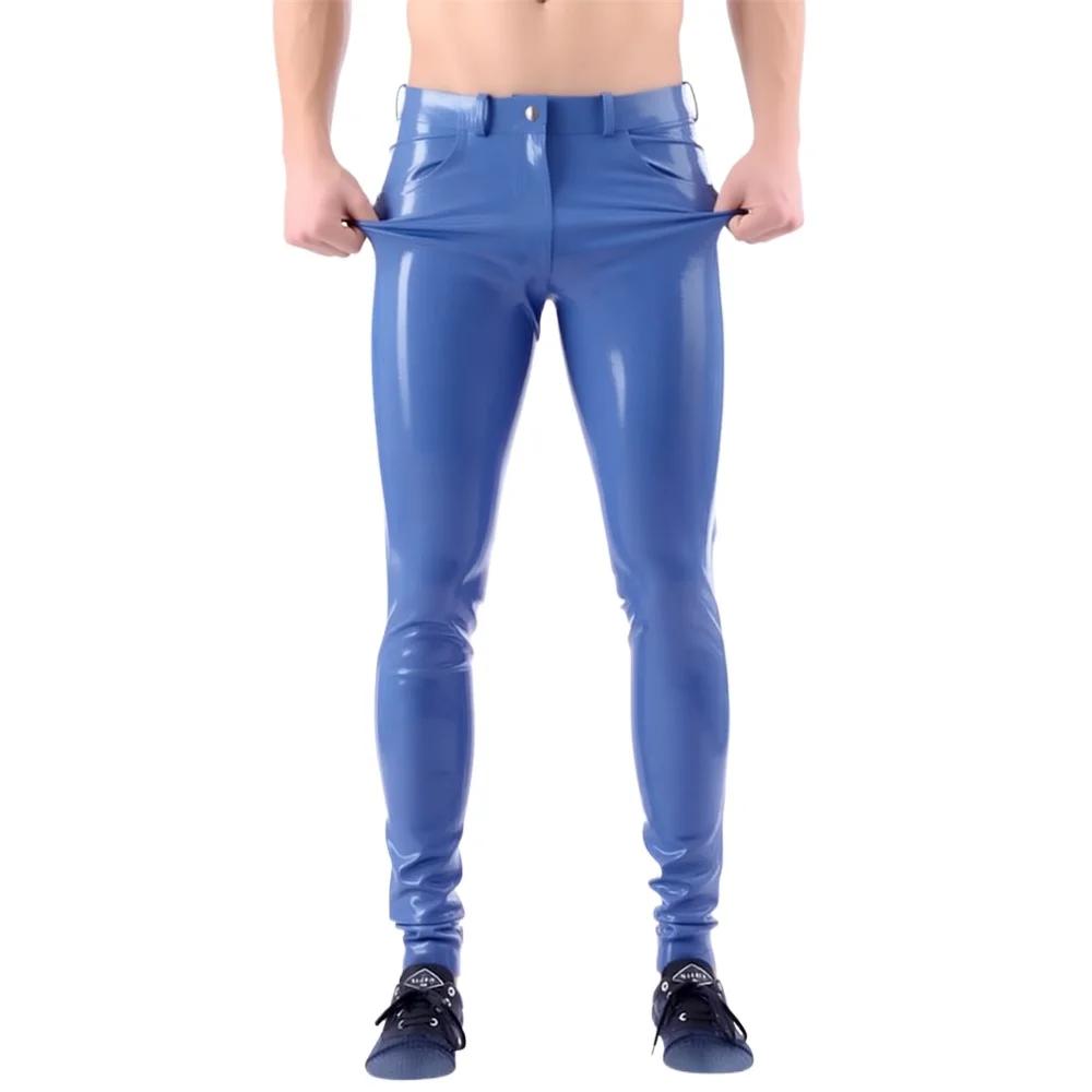 

Customized Men's Latex Jean Rubber Leggings Handmade Front Zip With Pocket Custom Color