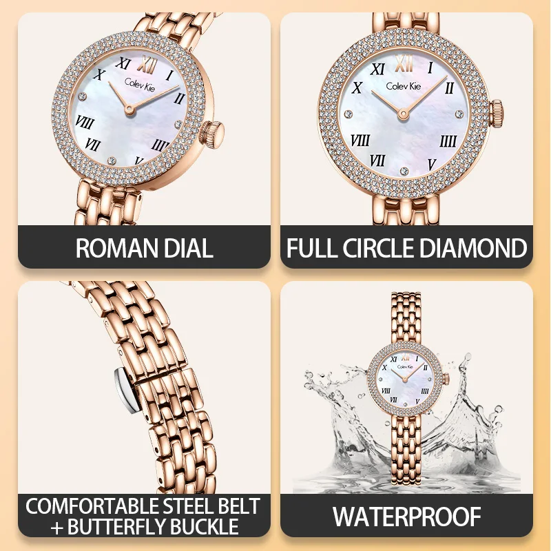 ColevKie Woman Watch Rose Gold Stainless Steel Band Quality Quartz Watches for Ladies Dress Diamond Wristwatches Gift Sets Girls