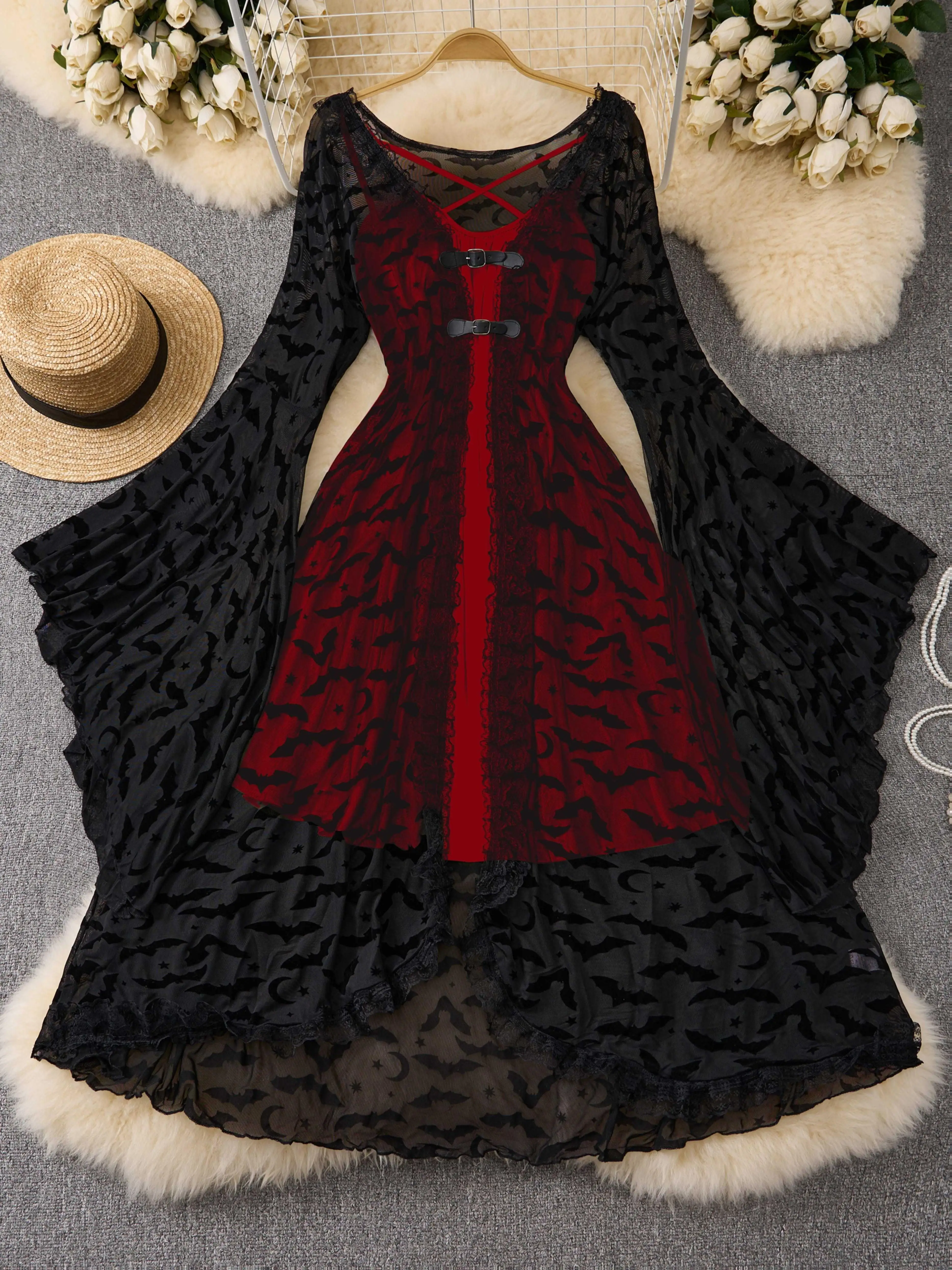 Bat-Patterned Mesh Top and Cross-Strap Adjustable Shoulder Strap Slip Dress Set