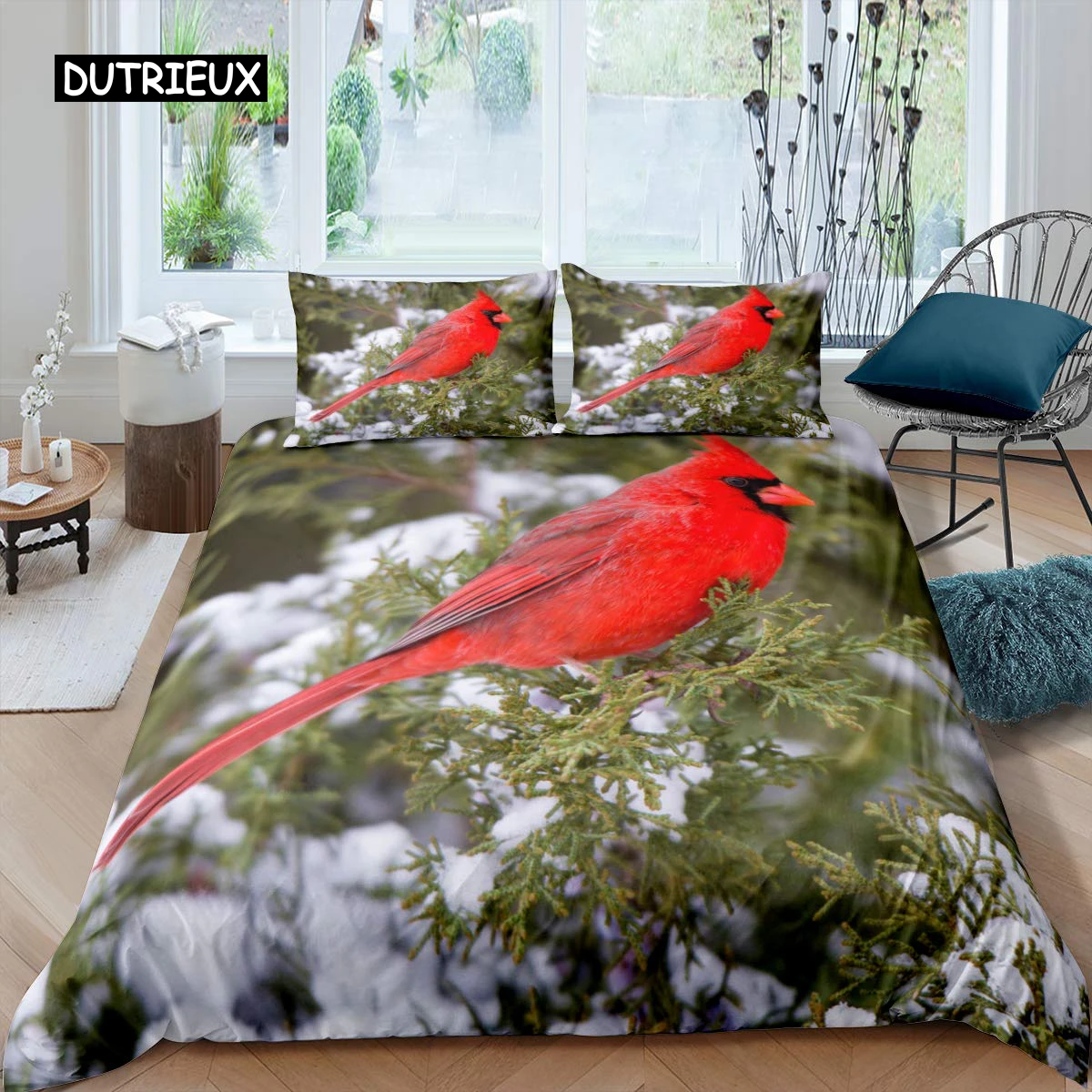 Cardinal Duvet Cover Set Red Bird Bedding Set for Child Youth Pine Tree Comforter Cover Animal Snow King Size Soft Quilt Cover