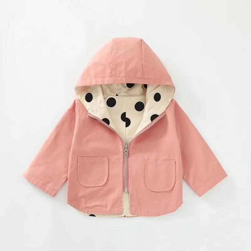 Baby Cute Windbreaker Boys Hooded Jacket Girls Polka Dot Double-Sided Wear Coat Spring Autumn Children\'s Casual Overcoat 12M-5Y