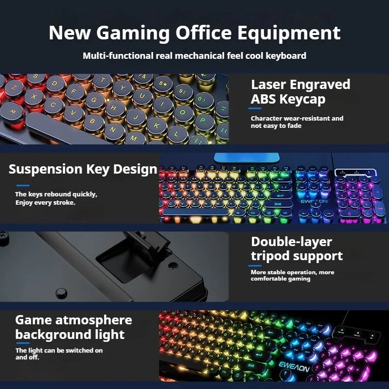 EWEADN GX330 Gaming keyboard 104 Keys Retro Punk Round Keycaps Wired Typewriter Keyboard with RGB Backlit Office Games Laptop