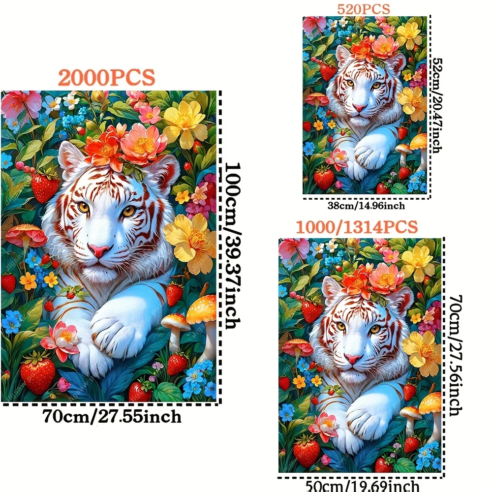 2000/1000/1314/520pcs Jigsaw Puzzle - White Tiger with Floral & Mushroom Design, High-Quality Paper, Portable Cuboid DIY Art D