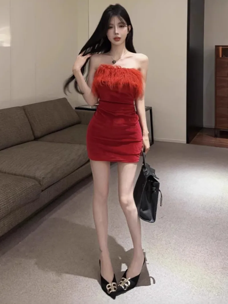 Robe Pure Desire Sexy épicée fille poilue sans bretelles fesse enveloppé rouge velours poitrine enveloppé robe de Banquet élégante FKH8