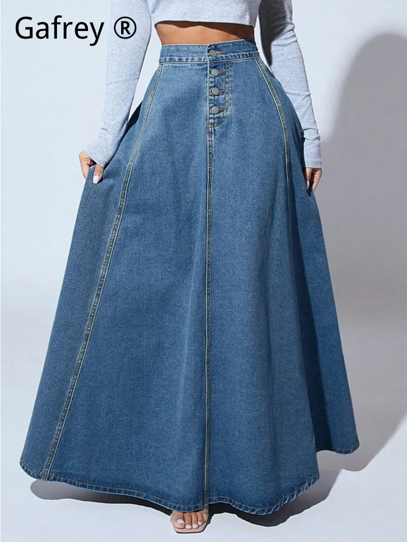 Women Single Breasted Denim Skirt Stylish A-line Swing Flared Spring Summer Casual High Waist All-match Female Half Dress view 5