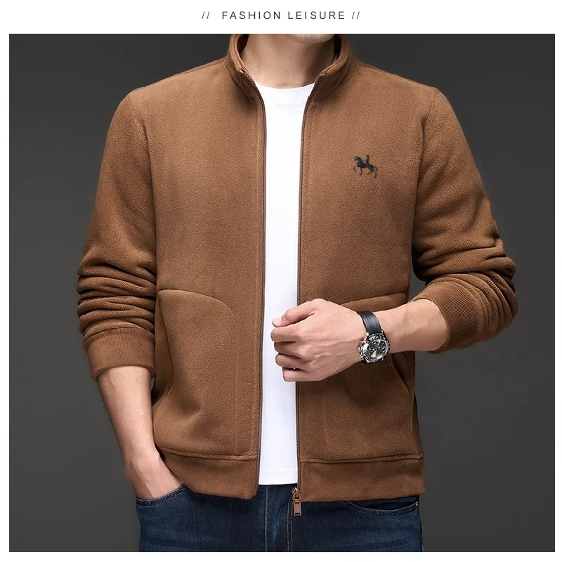 

Designer's autumn winter new men's standing collar jacket velvet warm zipper cardigan top exquisite brand pony embroidery coat