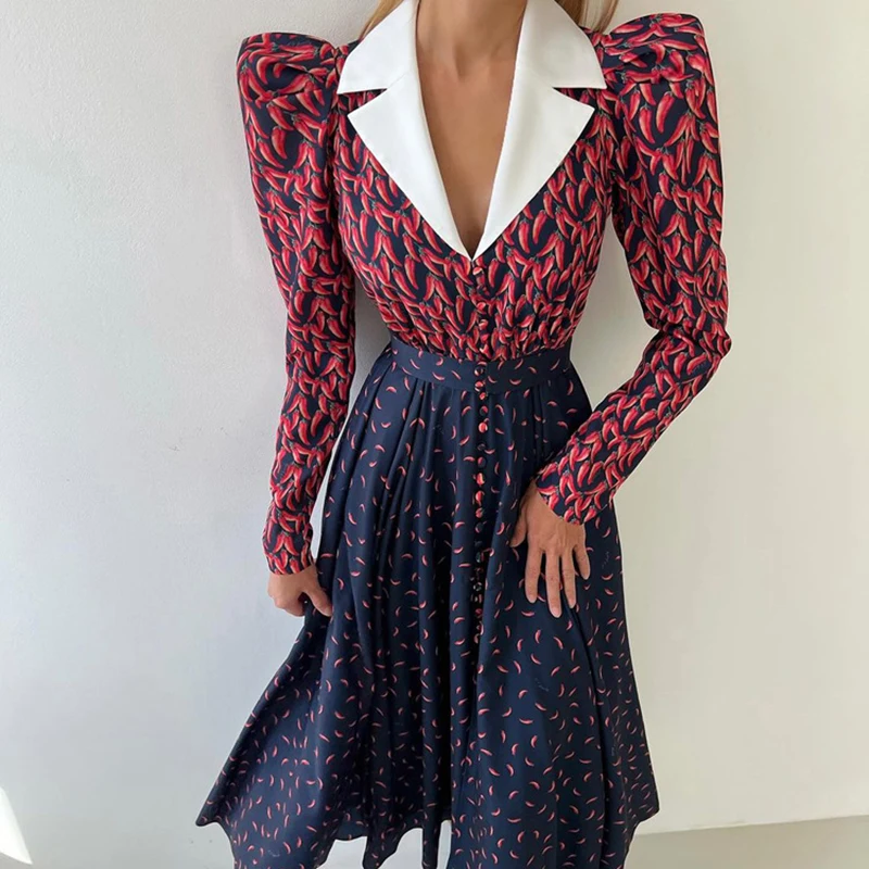 Trendy Sexy High Waist Pleat Swing Dress Retro Pattern Print Lapel Long Dress Women's French Style Long Sleeve A-line Boho Dress