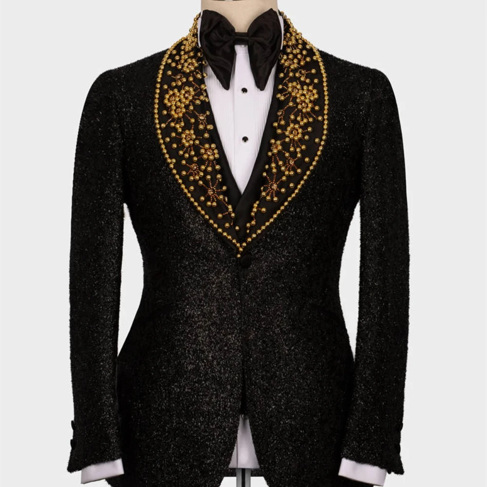 

Gold Pearls Black Glitter Groom Wedding Tuxedo Tailored Made 3pcs Blazer Vest Pants Formal Male Prom Party Suit Business