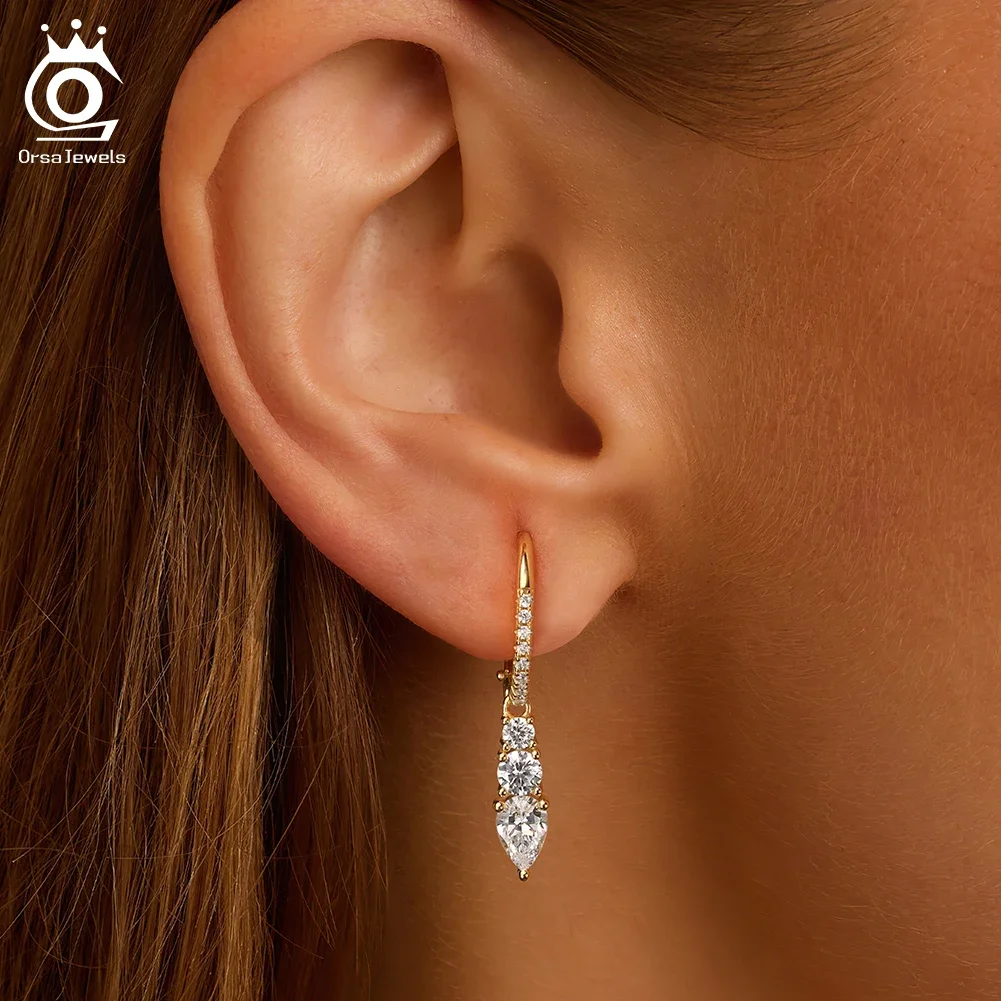 

ORSA JEWELS Luxury S925 8A Premium Cubic Zirconia Hoop Earrings for Women Geometric Baguette Drop Earrings Jewelry LZE60