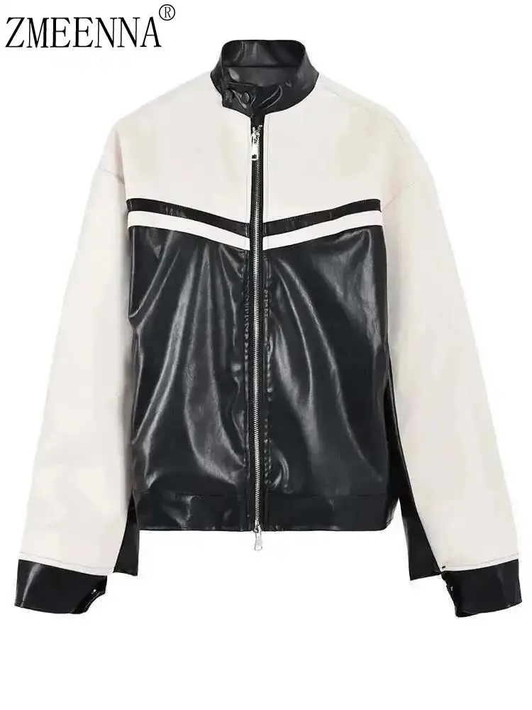 

ZMEENNA 2025 Color Matching Two Tone Faux Leather Jacket Stylish Black And White Coat Fashion Outerwear ZM961