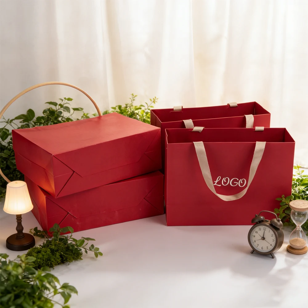 

Wigs Perfume Clothing Packaging Bags Custom Logo Red Beige Navy Kraft Tote Bag Embed Ribbon Handle Wedding Baby Shower Gift Sack