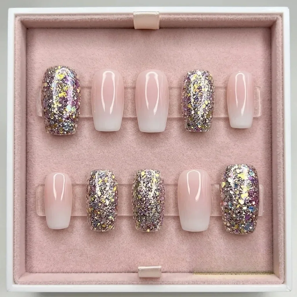 Pink Gradient Glitter Press On Nails, Short Square Fake Nails, Nude Ombre Sparkle Removable False Nail Tips