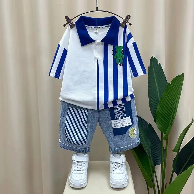 Baby Boys Cartoon Lapel Collar manga curta listrada camisa e shorts jeans, Boutique Sport Casual Clothing, novo, verão, 2pcs