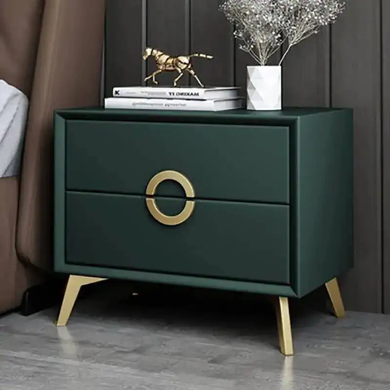 Luxury Solid Wood Leather Drawer Corner Storage Nightstand Bedside Cabinet for Bedroom INS Style Furniture