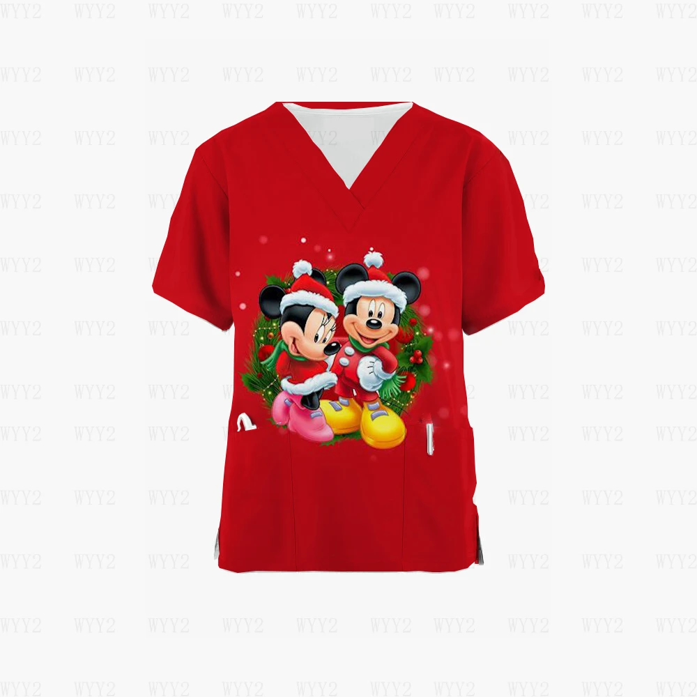 Christmas Disney Minnie Mickey Mouse top doctor pocket work uniform summer V-neck women's short-sleeved nurse uniform