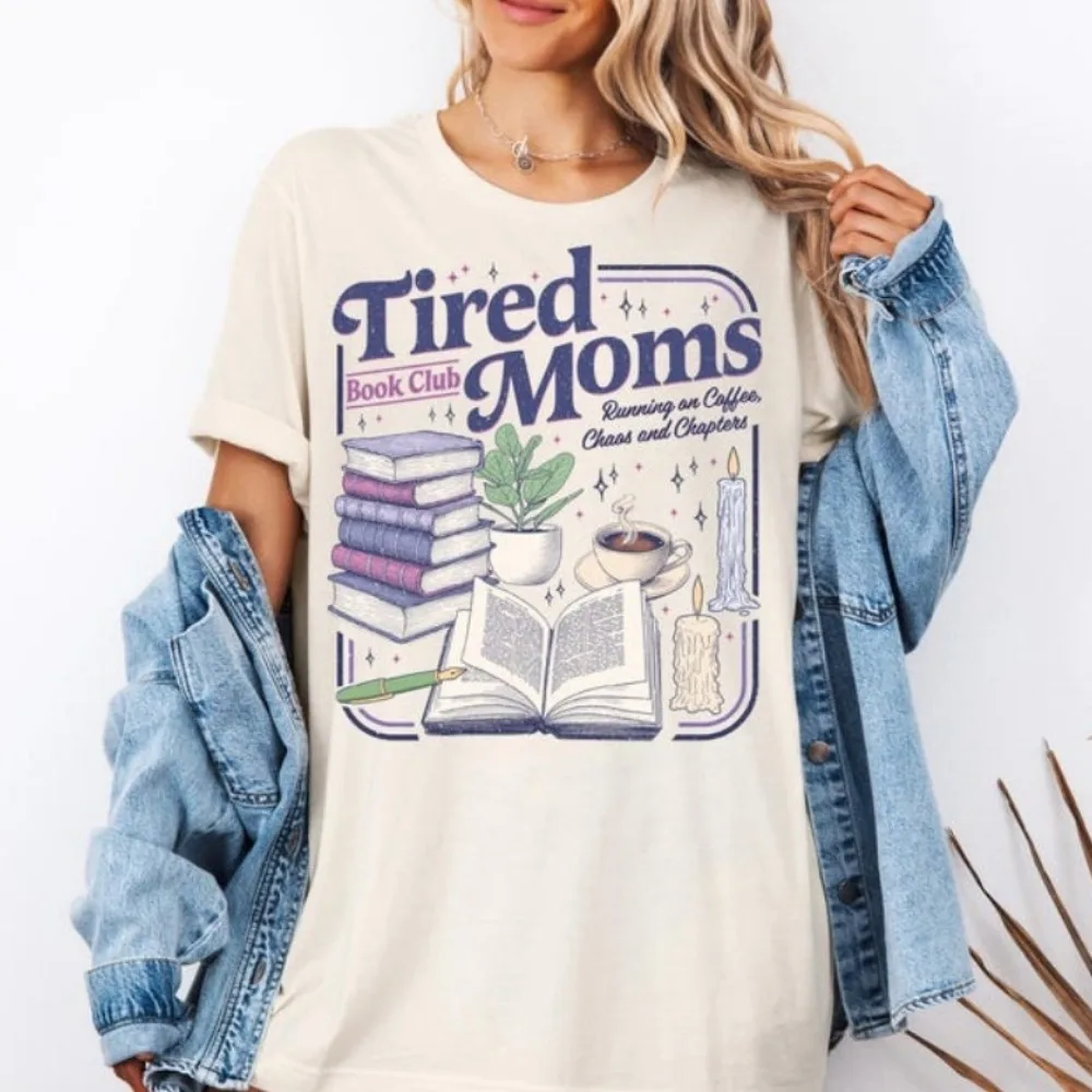 Tired Moms Book Club Sweatshirt Coffee Chaos Chapters Graphic Tee Book Lover Gift for Exhausted Moms Reader Bookworm Gift Tee