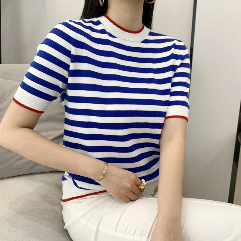 

Women's T-shirt Spring/Summer 100% Cotton Knitwear Casual Striped Pullover Short Sleeve Round Neck Tees Loose Splicing Blouse