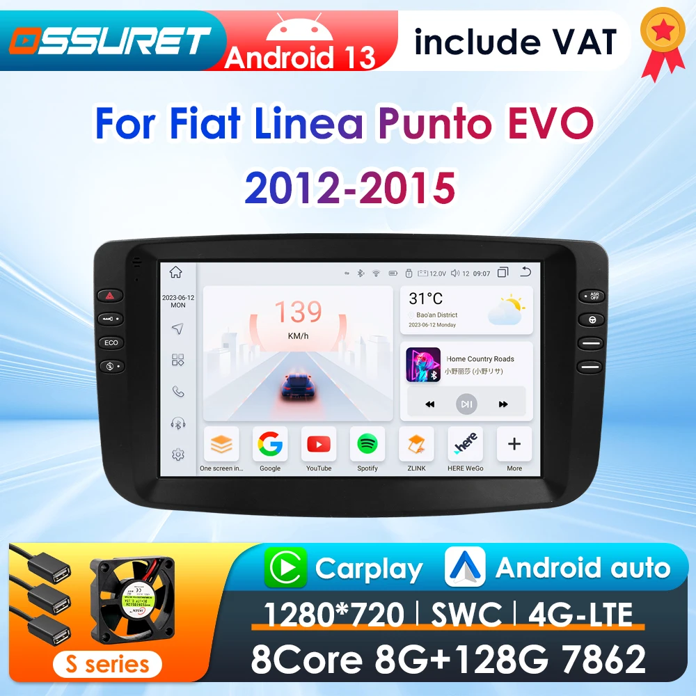 Radio samochodowe 2Din Android 13 dla Fiat Linea Punto EVO 2012-2015 Samochodowe multimedia GPS 4G Carplay Inteligentny ekran autoradio 360Cam