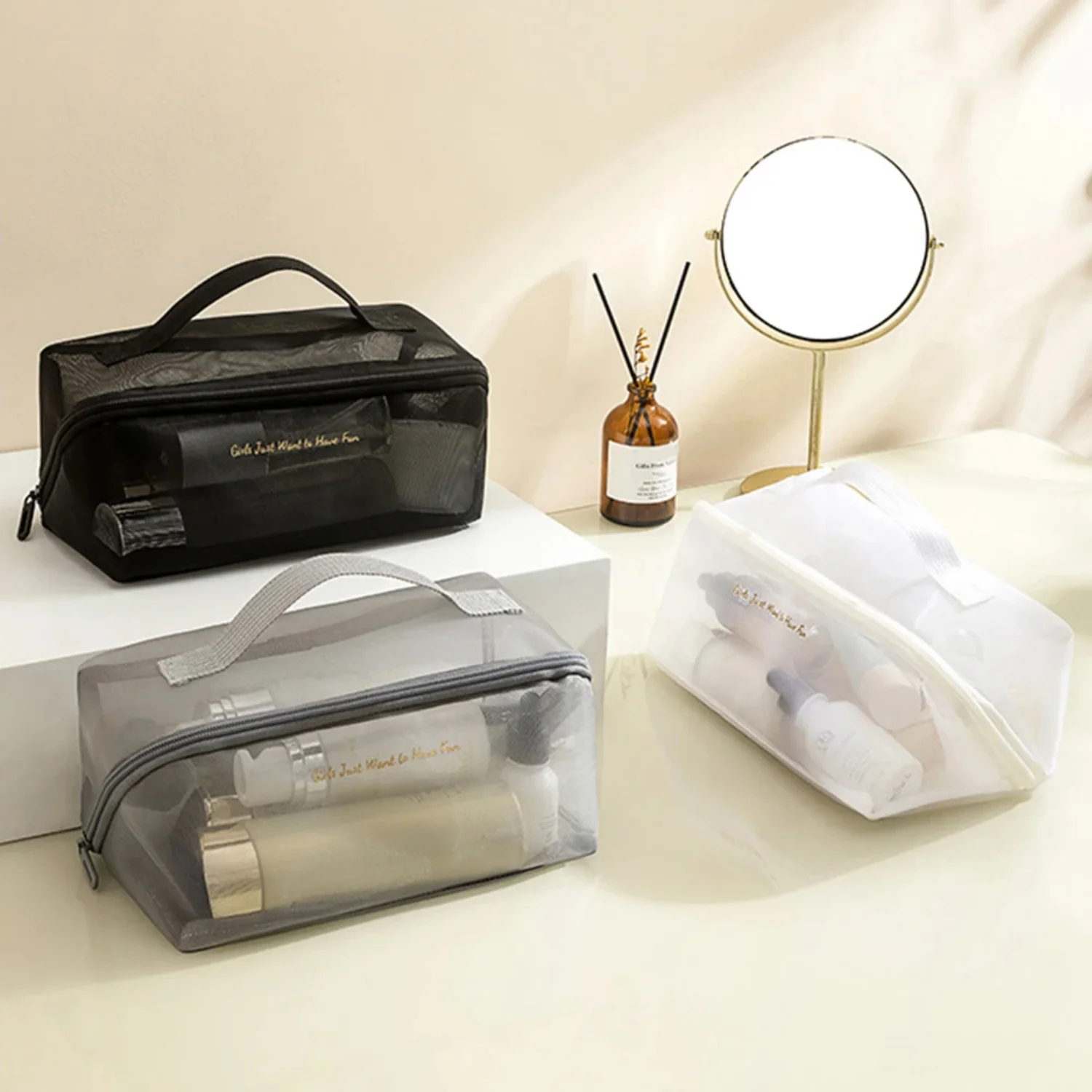 Woman Mesh Makeup  Protable Travel  Tote  Large Capacity Zipper Pouches Transparent Shower  With Handle
