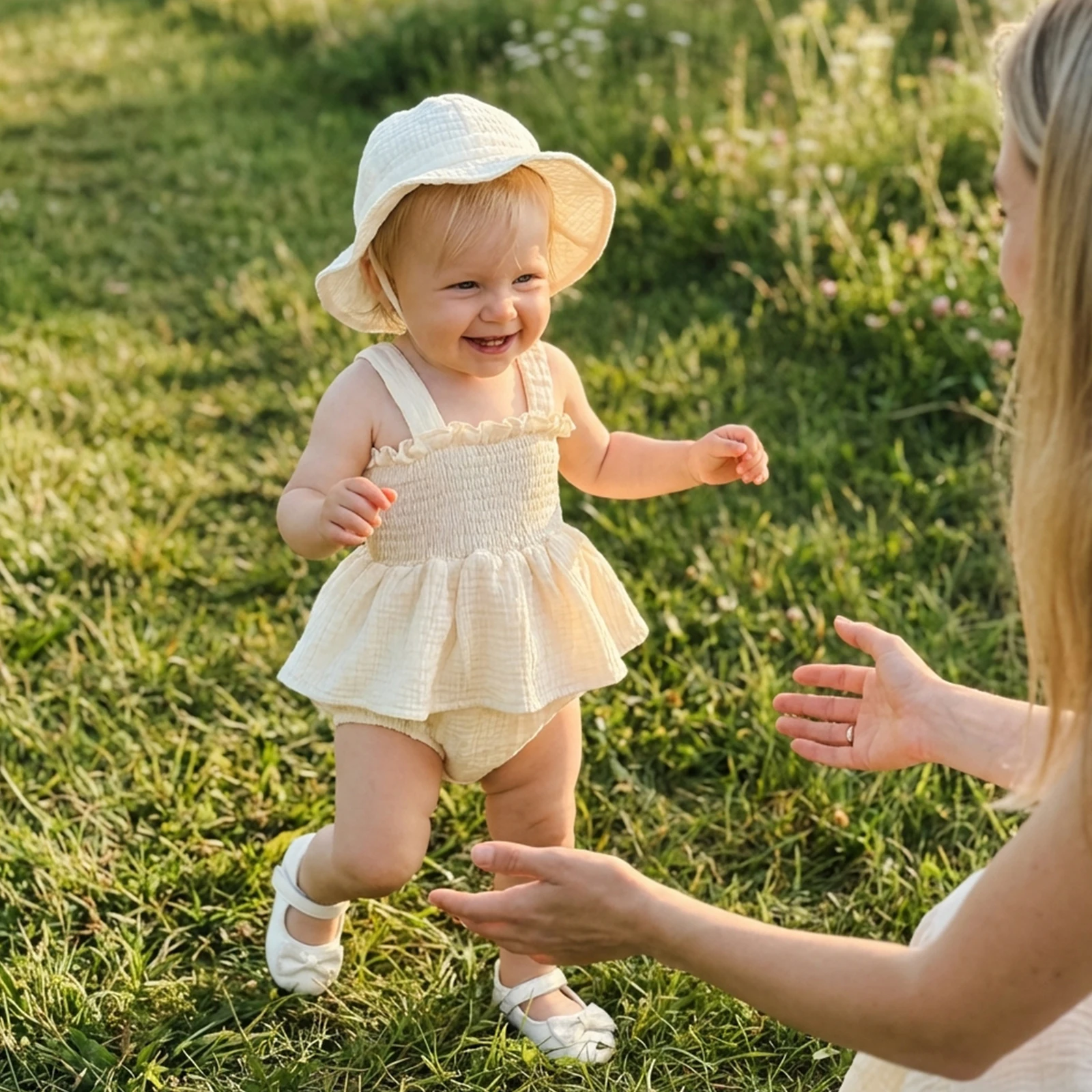 2pcs Infant Baby Girls Summer Outfits Princess Cute Sleeveless Square Neck Solid Color Smocked Ruched Romper Dress and Hats