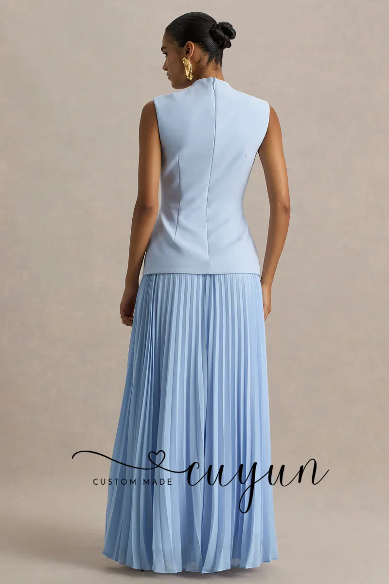 CUYUN Abito da sera personalizzato chic azzurro cielo con scollo a V senza maniche giacca monopetto pieghettato lungo abito da ballo cena festa