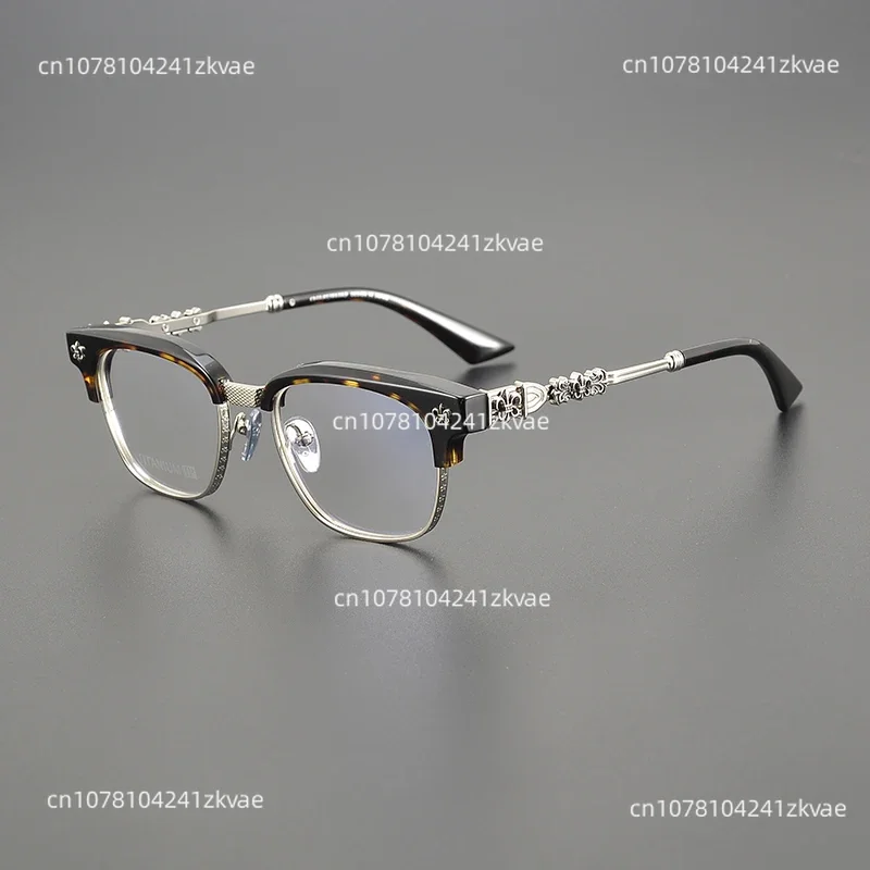 2023 High-End Handmade Carved Eyewear Pure Titanium Medium Gold Glasses Luxury Italian Acetate Half Frame Myopia Glasses