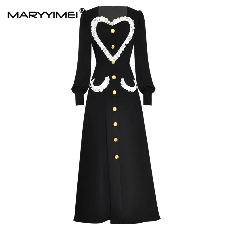 MARYYIMEI Fashion Designer dress Spring Women's Dress Square Collar Lantern Sleeve Heart-shaped Lace Single breasted Dresses