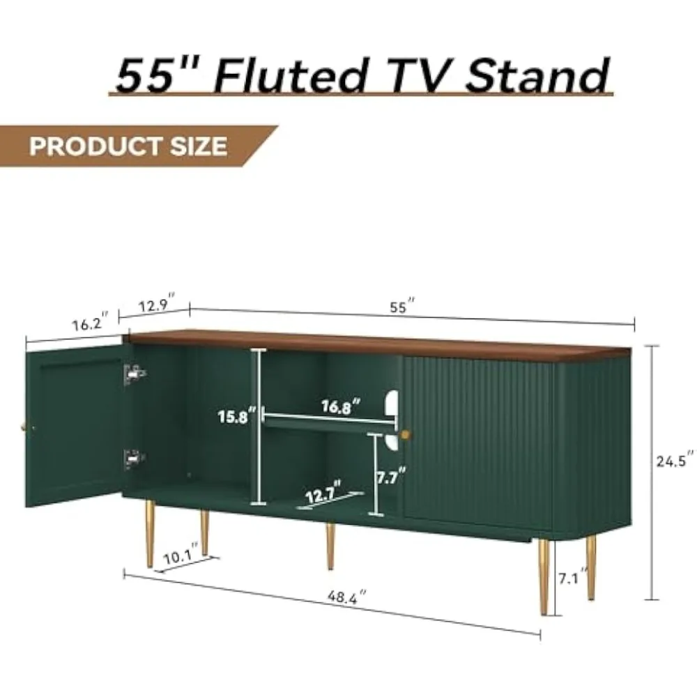 حامل تلفزيون مخدد حديث مقاس 55-65 بوصة من منتصف القرن باللون الأخضر مع مركز ترفيهي وتخزين #2