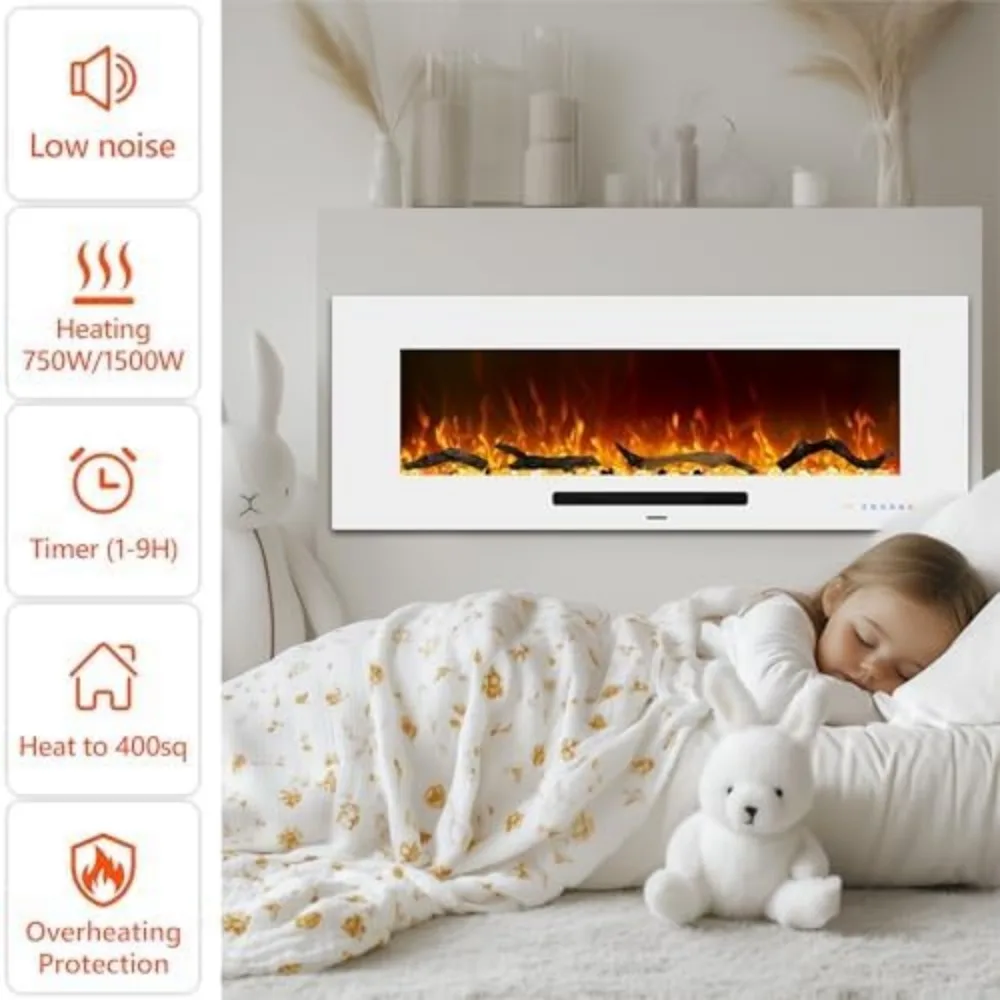 50-Inch Electric Fireplace Heater, Wall-Mounted with Remote Control, 750W/1500W Thermostat, and Multicolor Flame Options
