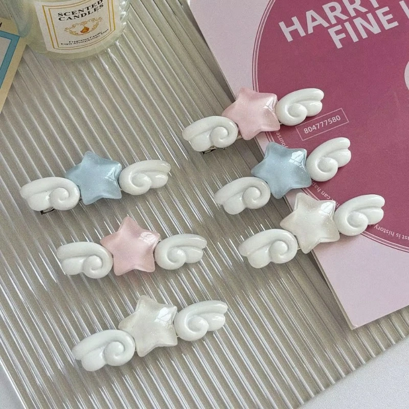 2PCS Cute Star Wing Hair Clips For Girls Sweet Acrylic Bangs Hairpins Lovely Summer Spring Hair Accessories For Daily Hairstyles