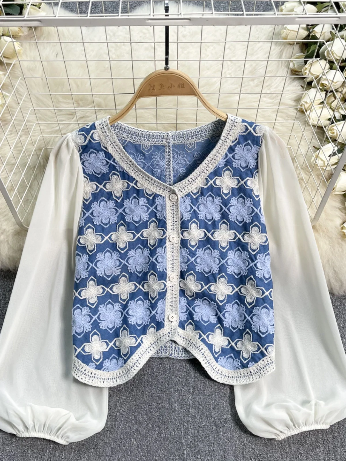 Long Sleeve Crochet Knit Top Floral Embroidery Button Front Shirts Woman Blouses Summer Fairycore Cottagecore Outfit