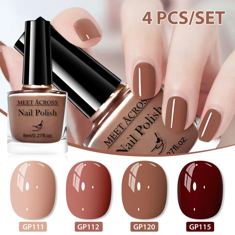 4Pcs/Set 8ml Pink Brown Glass Bottle Gel Nail Polish Set NoWipe Top Soak Off UV LED Nail Lacquer Glitter Color Art Nail Polish