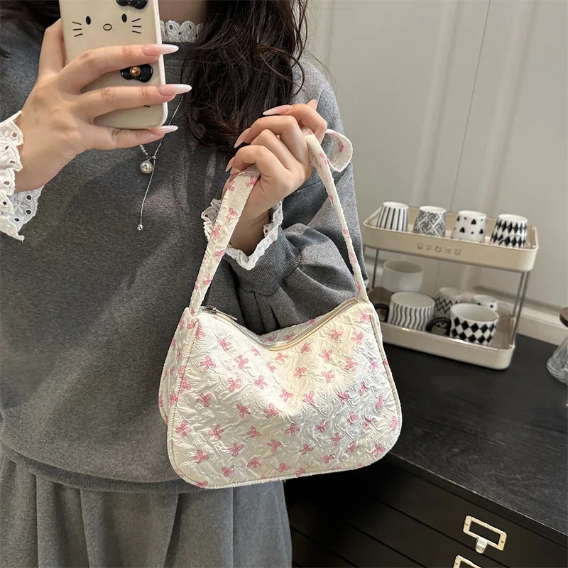 

New 2025 Women's Bowknot Printed Bag - Canvas Armpit Shoulder Handbag Fashion Versatile Commuter