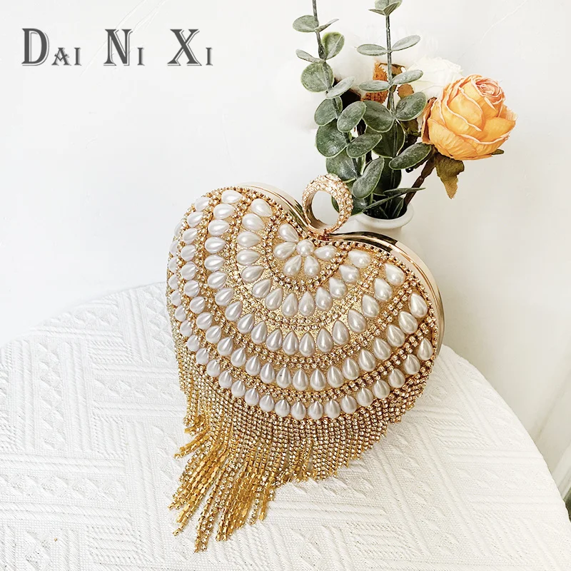 Luxury Bling Heart Shape Diamond Tassel Evening Clutch Rhinestones Purse Wedding Party Purse Ladies Fashion Bag