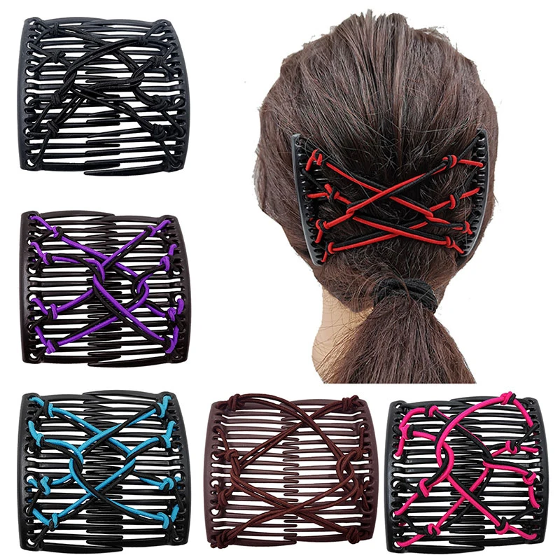 

Adjustable Elastic No Crease Hairpins Women Updo Ponytail Holder Barrette Solid Color Stretchy Knotted Double Comb Hair Clip