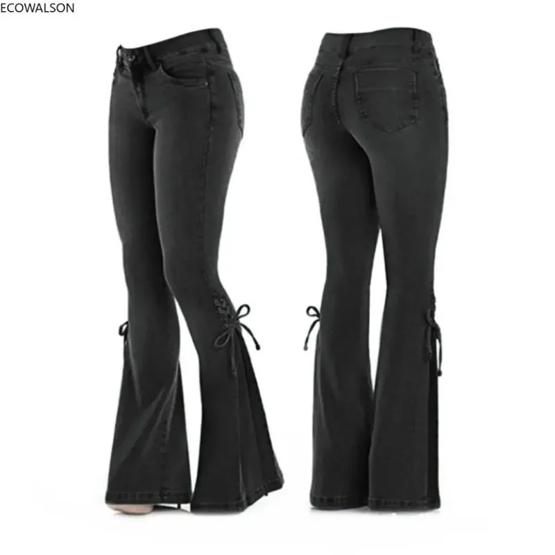 Jean évasé taille moyenne pour femme, pantalon en denim, jambe large, levage des fesses, style coréen décontracté, cloche skinny, poche astronomique, surintendant sers30