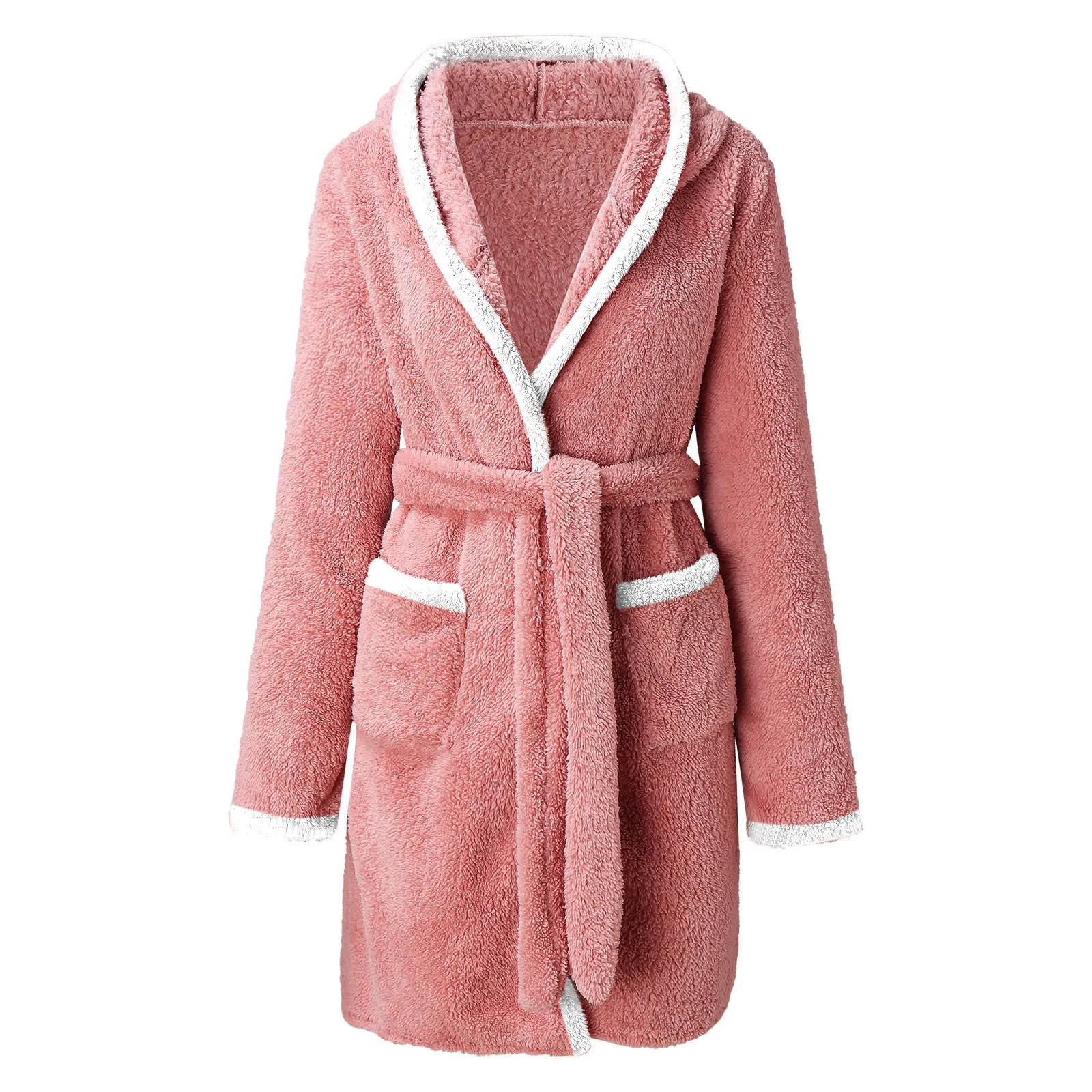 Women Cardigan Bathrobe Autumn Winter Mixed Color Hooded Pajamas Home Plush Belt Warm Bathrobe For Women 2025 Casual Sleepwear